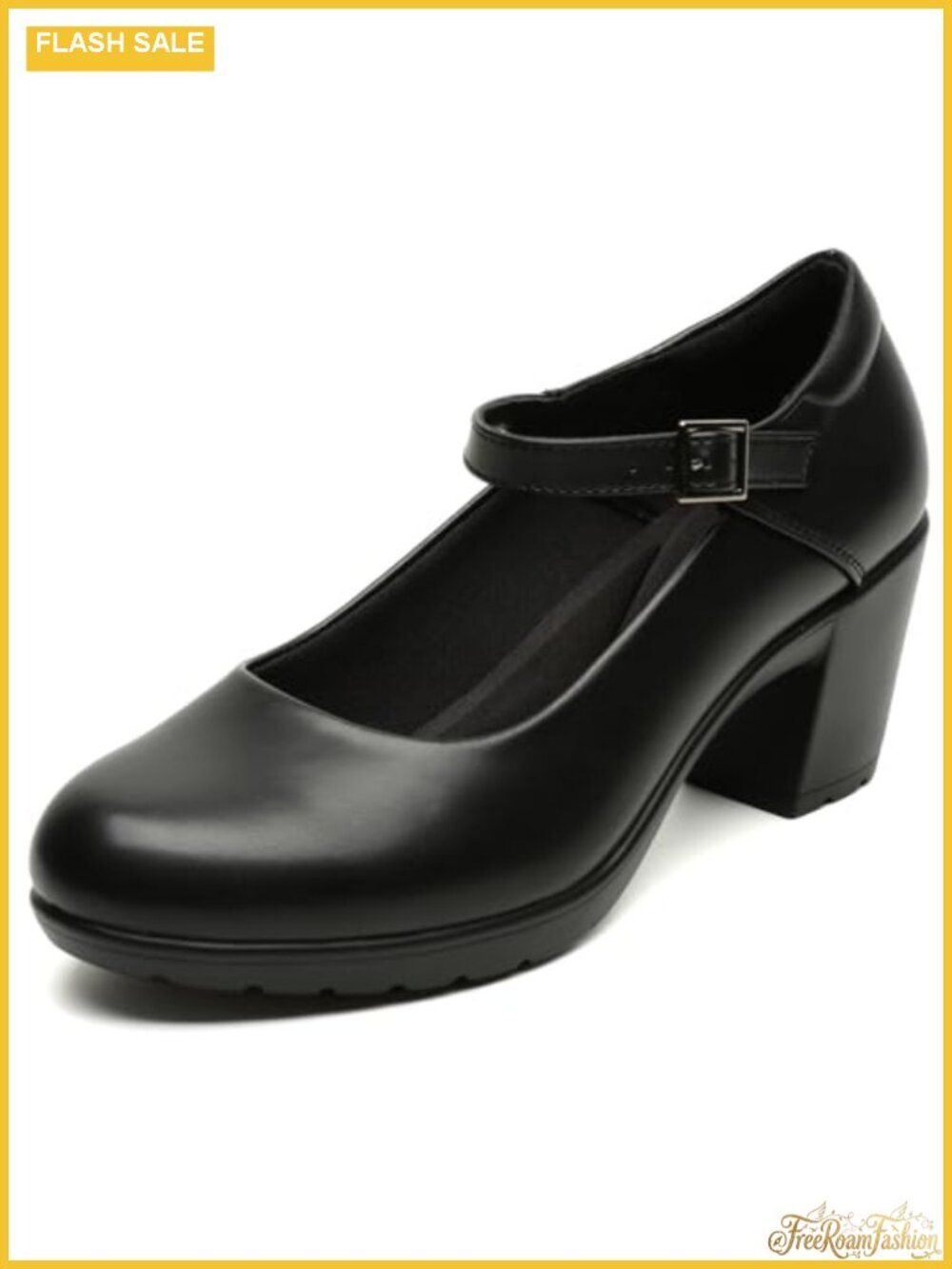 Mary Jane Dress Shoes Chunky Block Heels Closed Toe Ankle Strap Microfiber PU